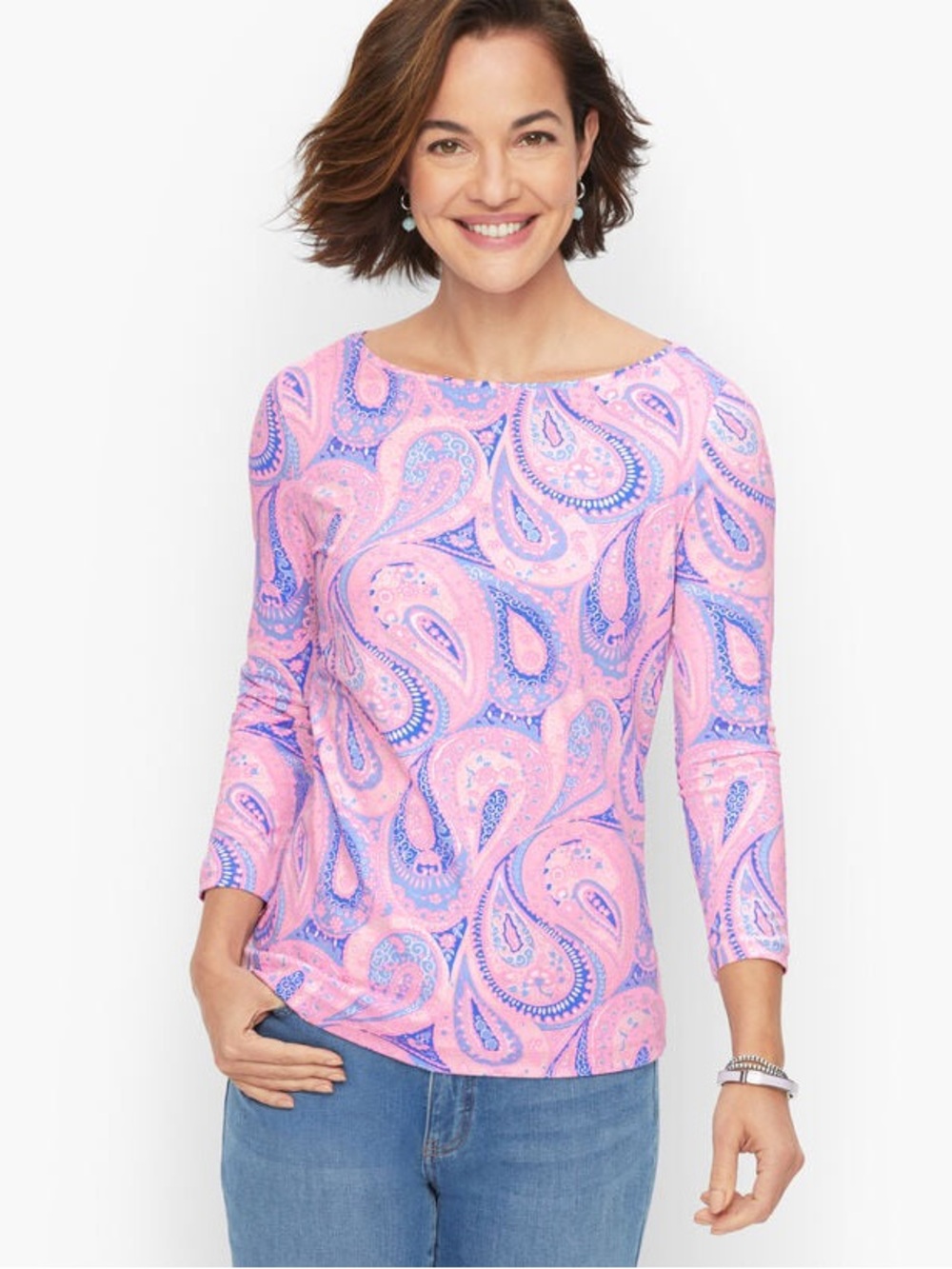 TALBOTS COTTON BATEAU NECK TEE - FILIGREE PAISLEY PINK NWT SIZE SMALL